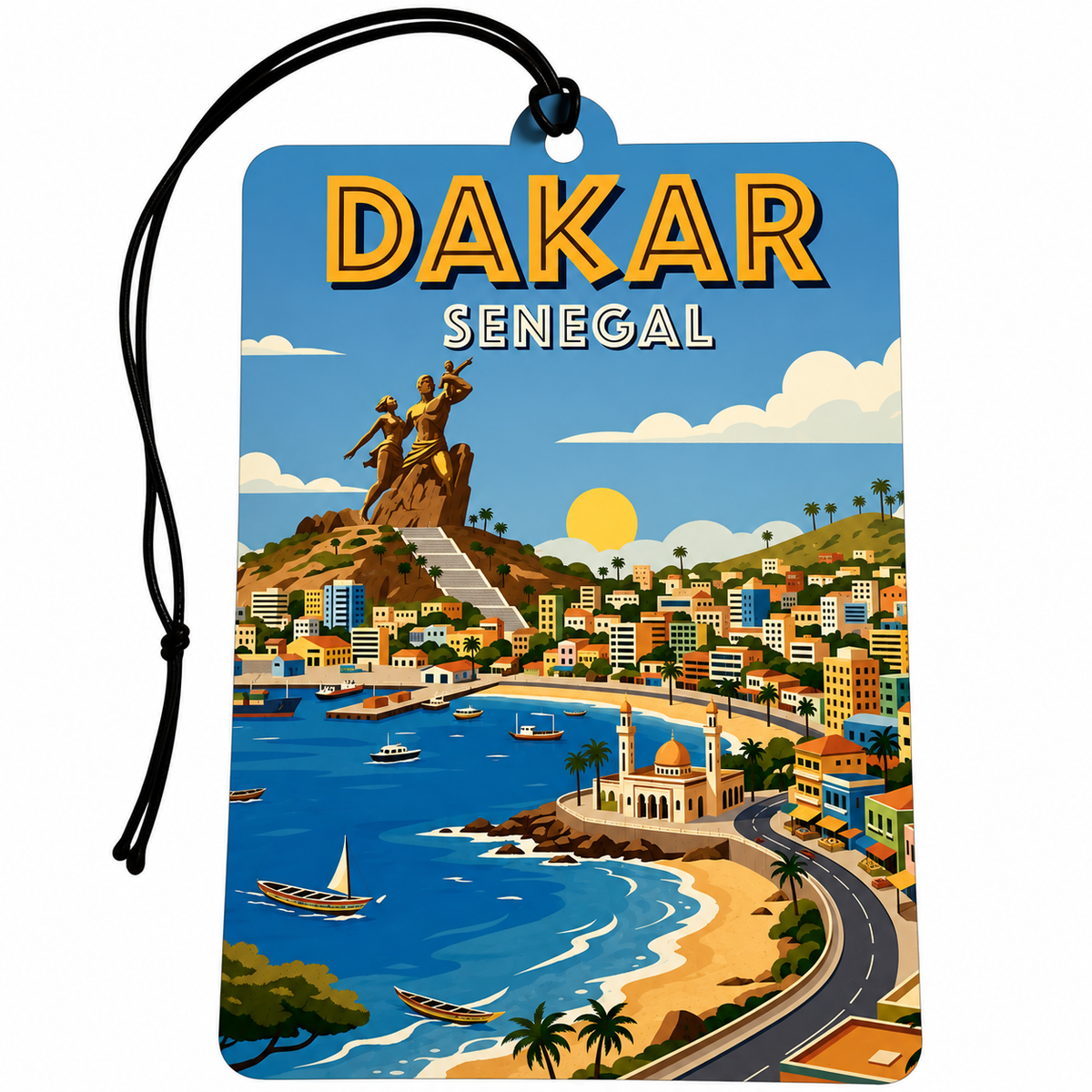 A rectangular luggage tag or car freshener featuring a colorful illustrated coastal scene labeled 'DAKAR SENEGAL' in large yellow letters. The tag shows a harbor, beach, buildings, roads, and a statue on a hill.