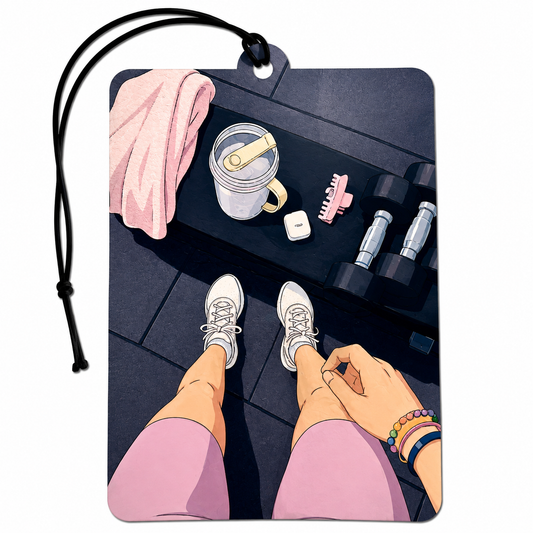 A rectangular printed car air freshener or tag with a black hanging cord, featuring an illustrated scene of someone at a gym with sneakers, a water bottle, dumbbells, a towel, and bracelets. The product is shown on a plain white background.