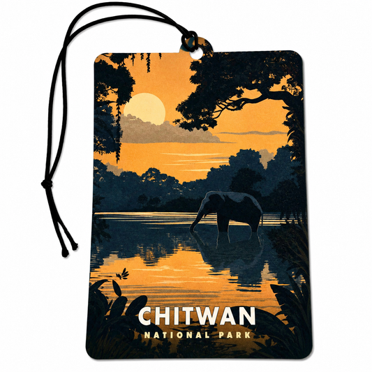 Chitwan National Park Nepal inspired car air freshener featuring an elephant beside reflective water surrounded by jungle scenery beneath a warm golden sunset.