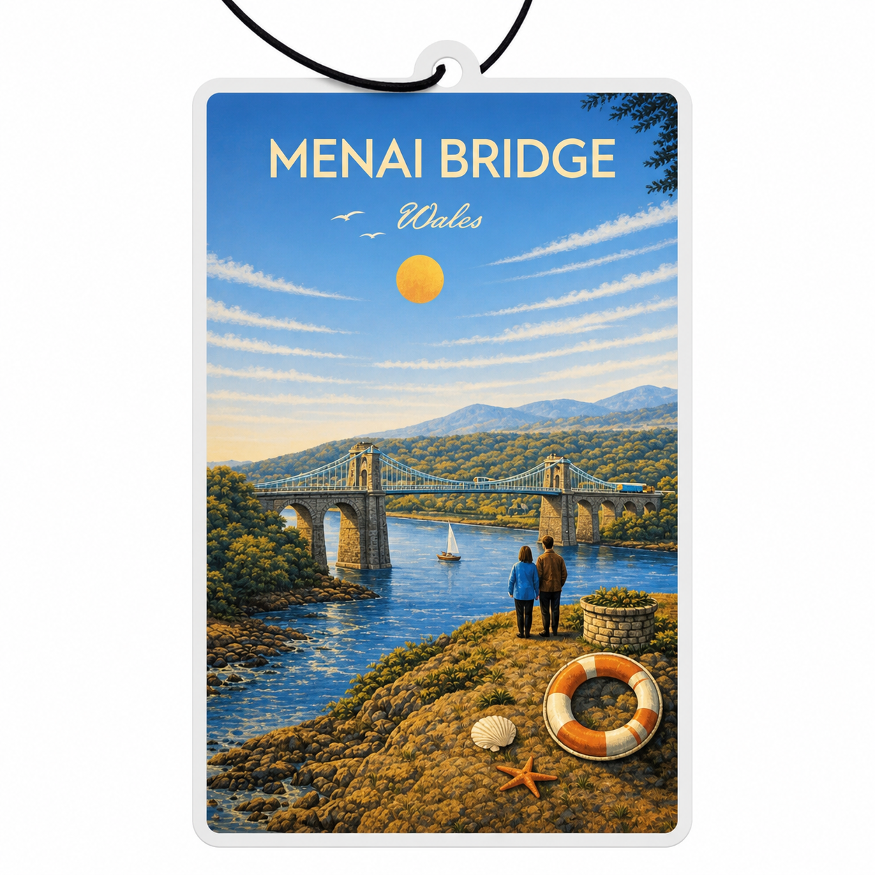 Menai Bridge in Wales with a scenic view and people standing on a cliff car air freshener 