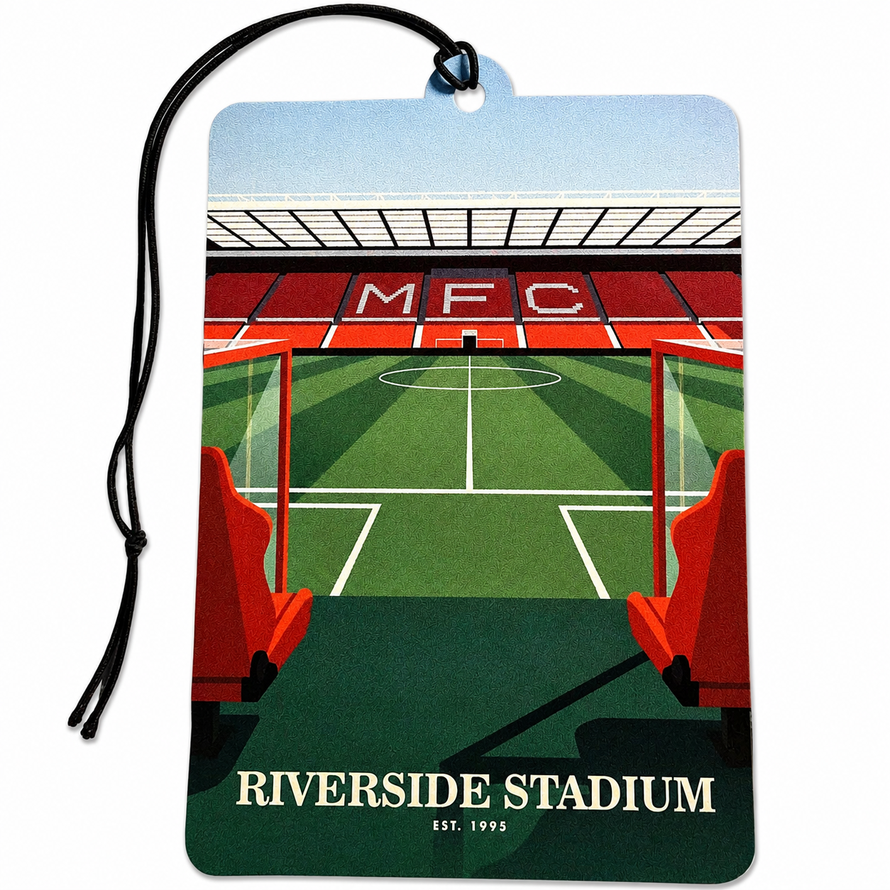 A rectangular car air freshener tag with a black hanging cord, printed with an illustration of Riverside Stadium from a spectator seat. The design shows a green soccer field, red stands, and the letters 'MFC' in the stadium.