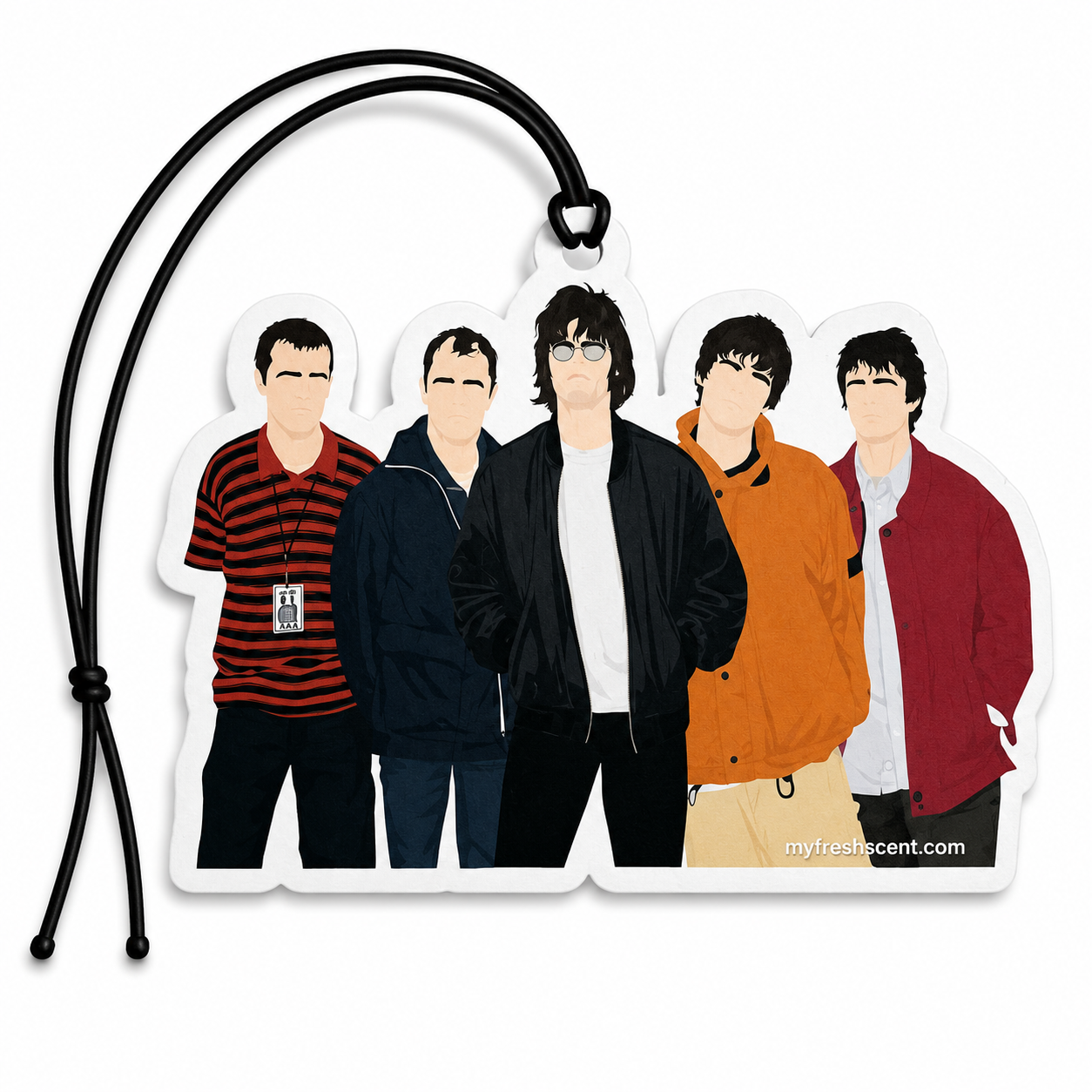 Oasis-inspired hanging car air freshener featuring minimalist band artwork. Long-lasting fragrance and the perfect gift for Britpop and indie music fans.