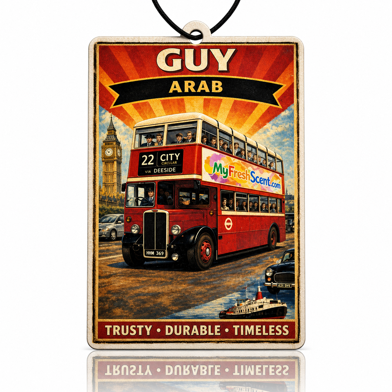 Car air freshener featuring Vintage-style guy arab red double-decker bus with 'Guy Arab' branding on a scenic background.