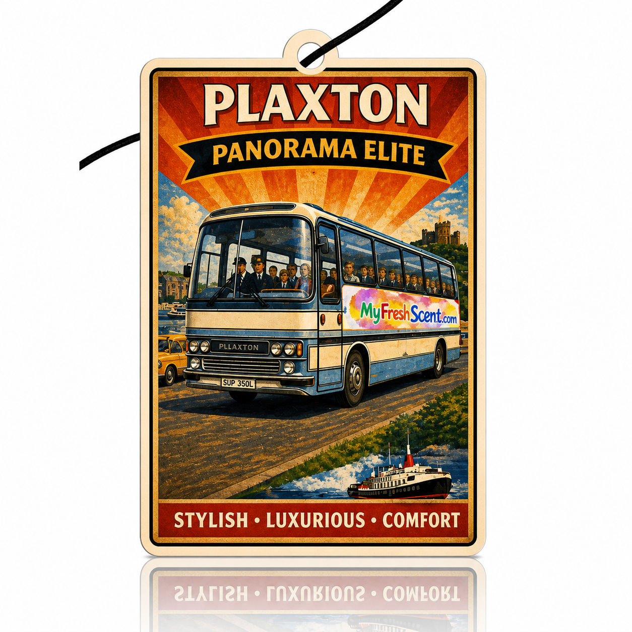 Car air freshener featuring Plaxton Panorama Elite bus air freshener with scenic design and branding.