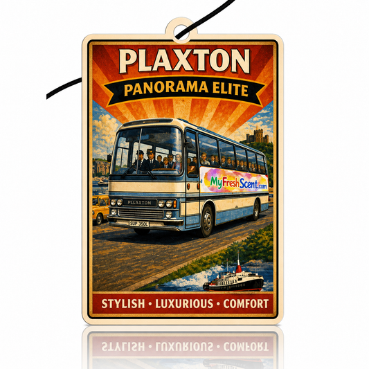 Car air freshener featuring Plaxton Panorama Elite bus air freshener with scenic design and branding.