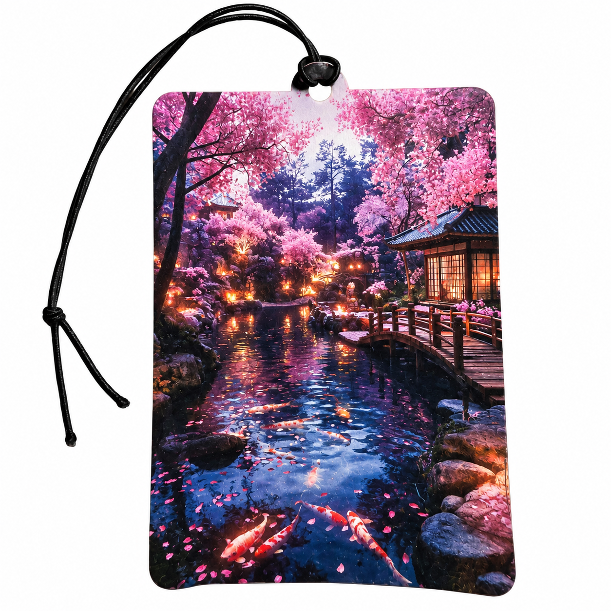 Japanese koi pond car air freshener with pink cherry blossom trees koi fish wooden bridge and Japanese garden scenery
