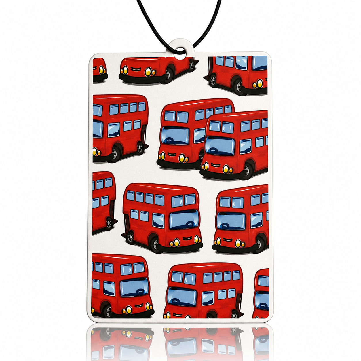 Car air freshener with red double-decker bus pattern on a white background