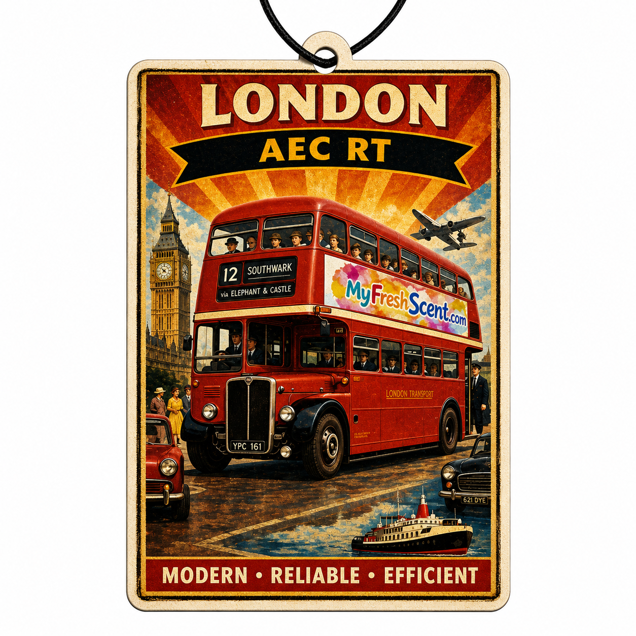 Vintage-style car air freshener with a red aec rt double-decker bus and London-themed design.