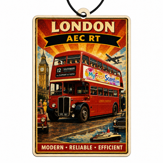 Vintage-style car air freshener with a red aec rt double-decker bus and London-themed design.
