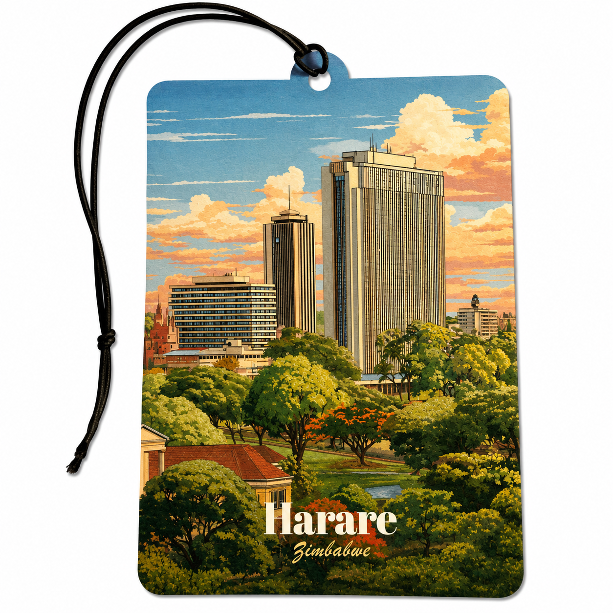 Harare Zimbabwe inspired car air freshener featuring a vintage-style city skyline with tall buildings, lush green trees and a colourful sunset sky.