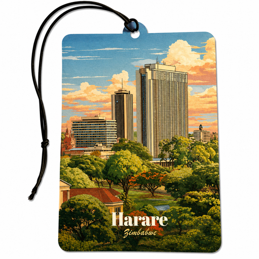 Harare Zimbabwe inspired car air freshener featuring a vintage-style city skyline with tall buildings, lush green trees and a colourful sunset sky.