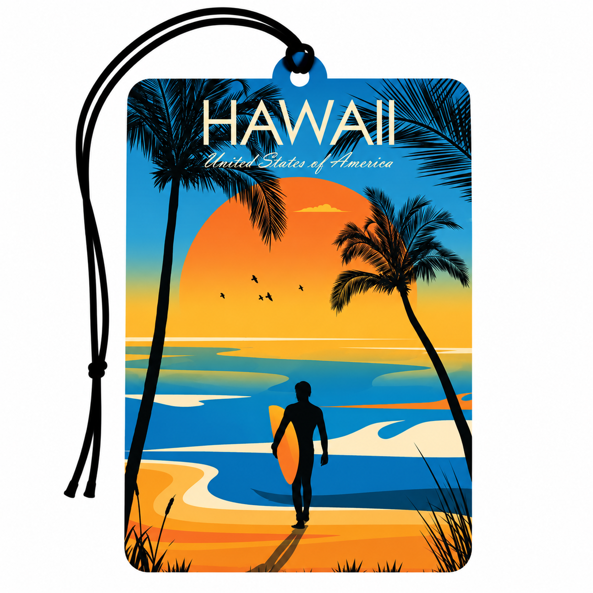 A rectangular luggage tag with a black hanging cord, printed with or car air freshener a retro-style Hawaii beach scene at sunset. The design shows palm trees, a surfer on the sand, blue ocean water, and large text reading “HAWAII” with “United States of America” underneath.