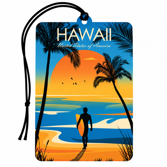 A rectangular luggage tag with a black hanging cord, printed with or car air freshener a retro-style Hawaii beach scene at sunset. The design shows palm trees, a surfer on the sand, blue ocean water, and large text reading “HAWAII” with “United States of America” underneath.
