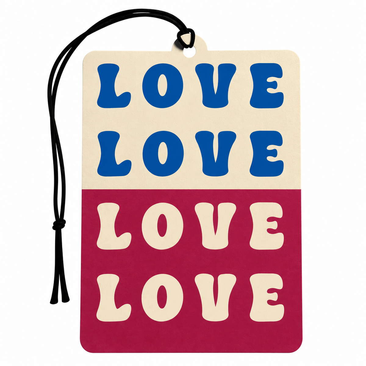 Retro LOVE hanging car air freshener with blue and cream lettering