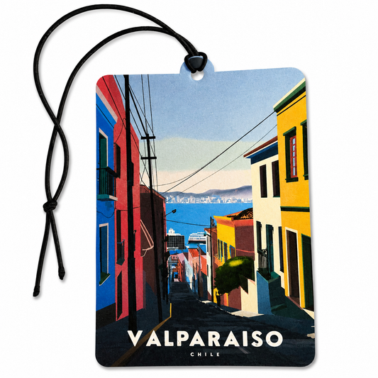 Valparaiso Chile inspired car air freshener featuring colourful hillside buildings, a steep city street and coastal harbour view in a vintage travel design.