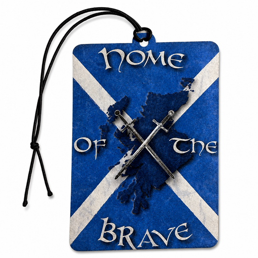 A rectangular blue and white car air or freshener with a black cord. The design shows a blue map silhouette overlaid with two crossed swords and the words 'Home of the Brave' in a stylized white font, on a plain white background.