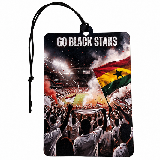A rectangular car air freshener or luggage tag with a black hanging cord, featuring a graphic print of a cheering stadium crowd and a Ghana flag. The top of the print reads 'GO BLACK STARS' in white text.