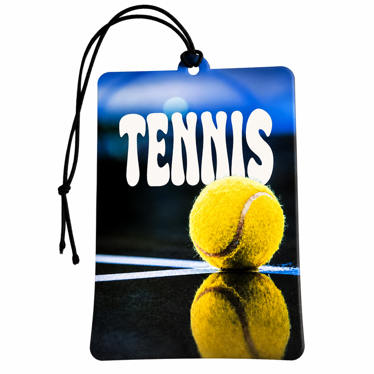 A rectangular car air freshener or hanging tag with a black cord, printed with the word 'TENNIS' in large white letters above a yellow tennis ball on a court with a reflection below, shown on a white background.