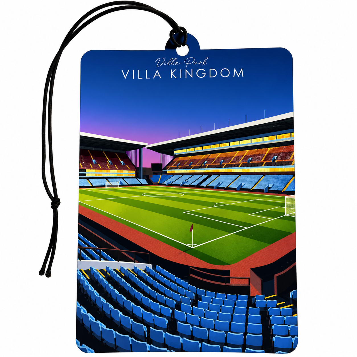 A rectangular car air freshener tag featuring a colorful vector illustration of Villa Park football stadium in England, with the text 'Villa Park VILLA KINGDOM' printed at the top. The tag has a black hanging loop and is shown against a plain white background.
