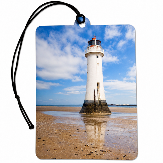 Point of Ayr Lighthouse inspired car air freshener featuring the distinctive white lighthouse standing on the sands of Talacre Beach on the North Wales coast.