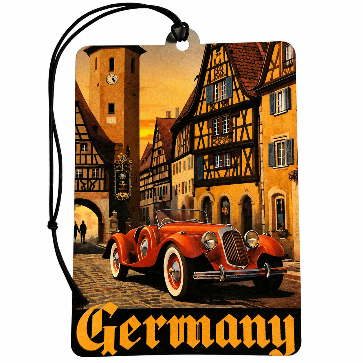 Germany inspired car air freshener featuring a vintage classic roadster in a traditional German village with half-timbered buildings
