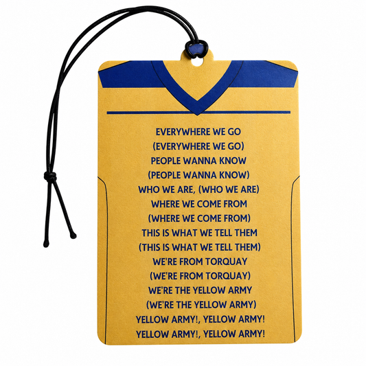 A yellow and blue football jersey-shaped car air freshener with the lyrics of 'This Is What We Tell Them' printed in blue text, complete with a black hanging cord, on a white background.