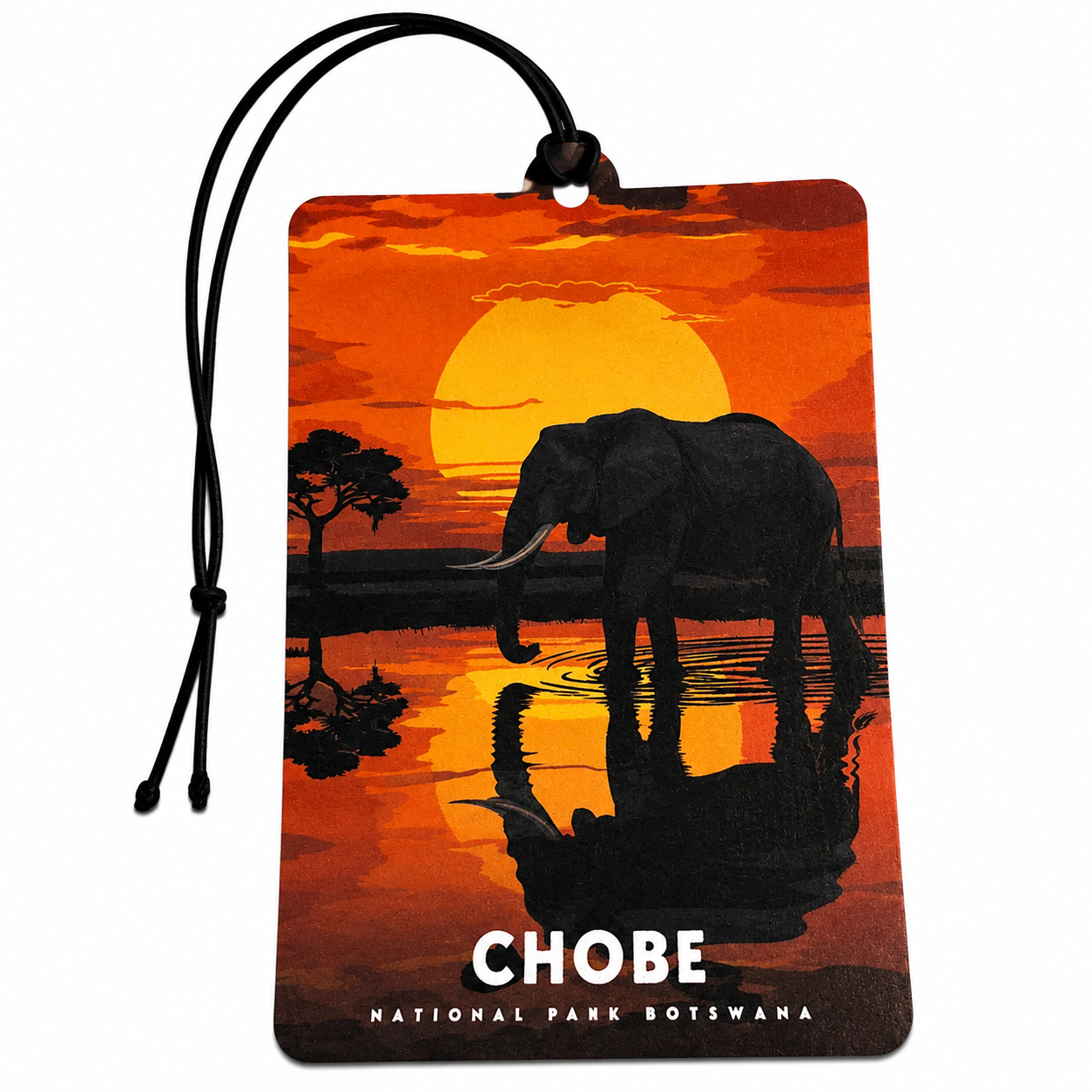 A rectangular car air freshener tag featuring a Chobe National Park sunset scene with an elephant silhouette, black hanging cord, and white text reading 'CHOBE NATIONAL PARK BOTSWANA' on a white background.