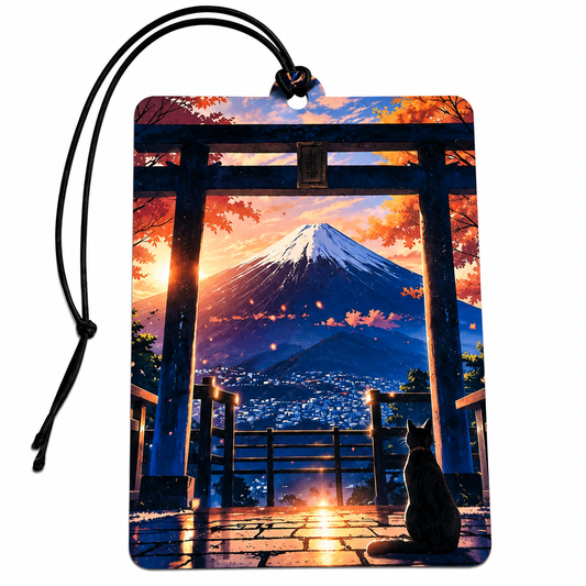A rectangular printed car air freshener or luggage tag with a black hanging cord, featuring an artistic scenic print of Mount Fuji framed by a Japanese torii gate at sunset, with a black cat in the foreground.