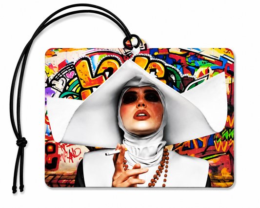 Graffiti Nun Car Air Freshener – Urban Street Art Hanging Car Air Freshener | Gothic Alternative Car Accessory