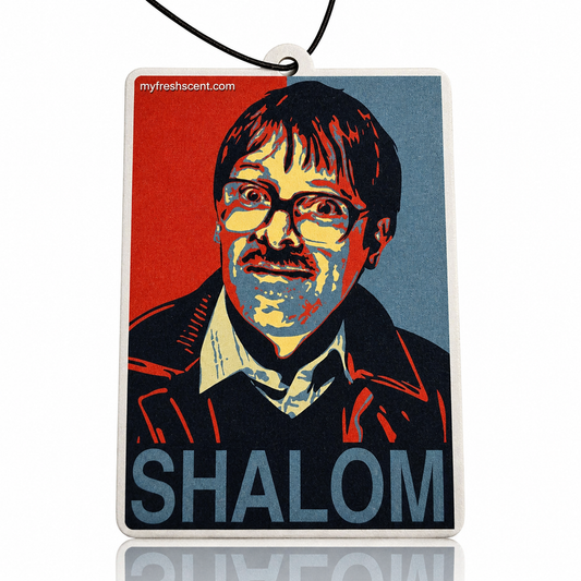 Colorful air freshener with a graphic of a person and the word 'SHALOM' on a white background. Jim Friday Night dinner 