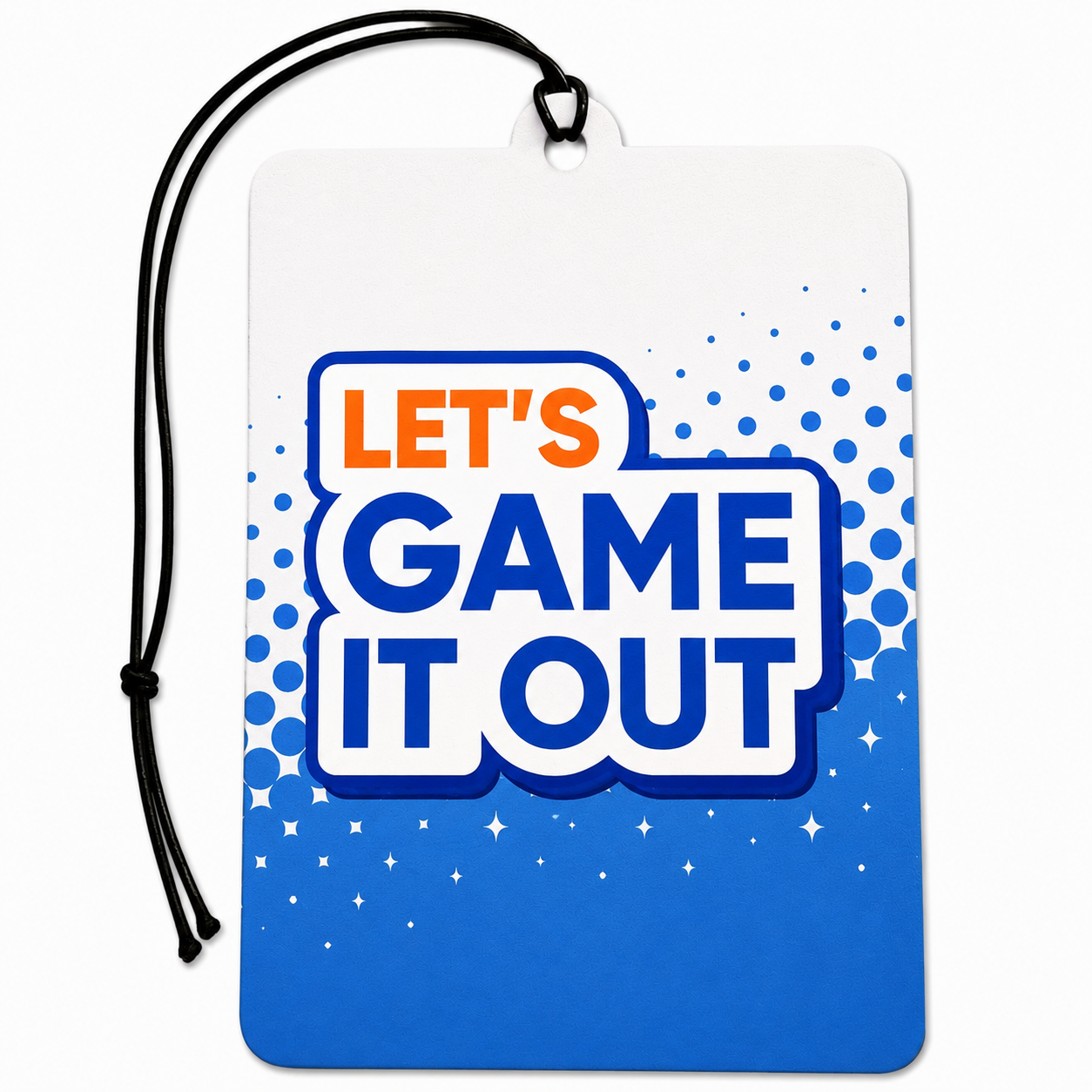 A rectangular white-to-blue gradient tag with a black hanging cord and bold text reading “LET’S GAME IT OUT” on a clean white background.