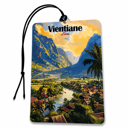 A rectangular car air freshener featuring a colorful scenic illustration of Vientiane, Laos, with a black hanging cord and the text 'Vientiane Laos' printed at the top, shown on a plain white background.