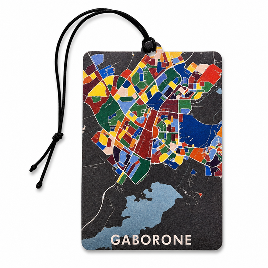 A rectangular luggage tag featuring a colorful map design of Gaborone, South Africa, with a black hanging cord, shown on a plain white background.