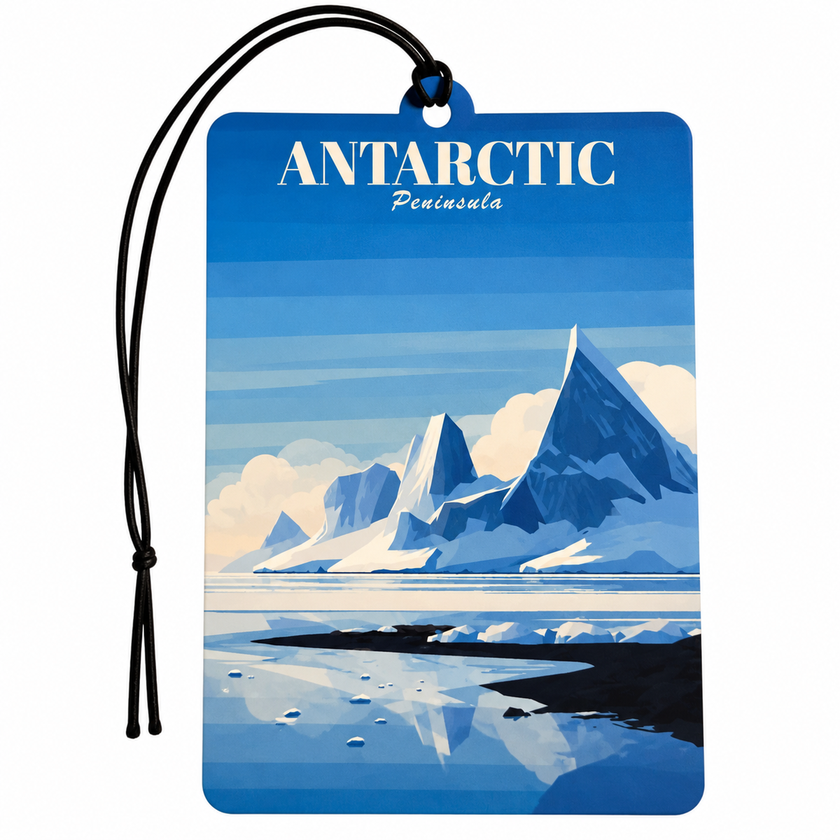 A rectangular Antarctic Peninsula travel tag or car air freshener with a black hanging cord. The tag features a retro-style illustration of icy blue mountains, white clouds, and reflective water, with the text 'ANTARCTIC Peninsula' printed at the top.