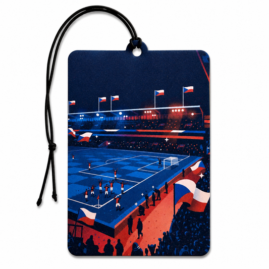 A rectangular car air freshener tag with a black hanging cord, printed with a stylized illustration of a soccer stadium at night featuring the Czech Republic flag colors.